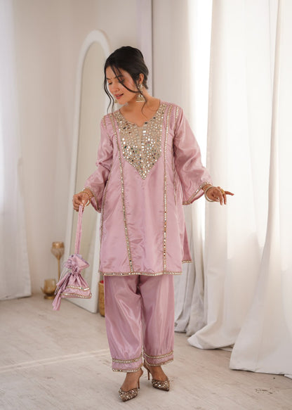 Ready-to-Wear Kurti and Pant Set with Decorative Drawstring Bag - Mirror Embroidered Collection 2026