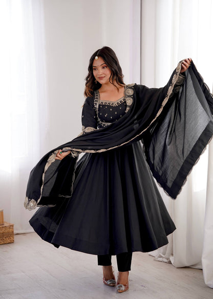 RangBhoomi Designer Anarkali Gown Set with Chanderi Dupatta - Roman Silk, Embroidered Sequins