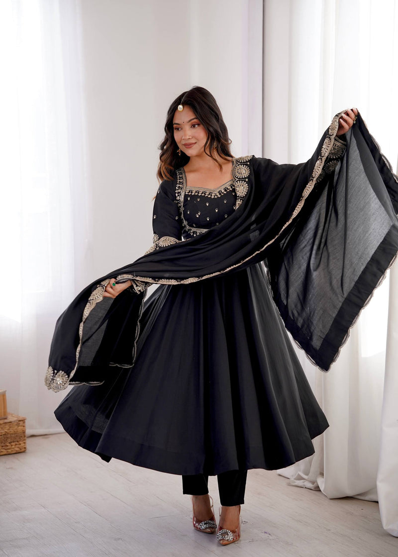 RangBhoomi Designer Anarkali Gown Set with Chanderi Dupatta - Roman Silk, Embroidered Sequins
