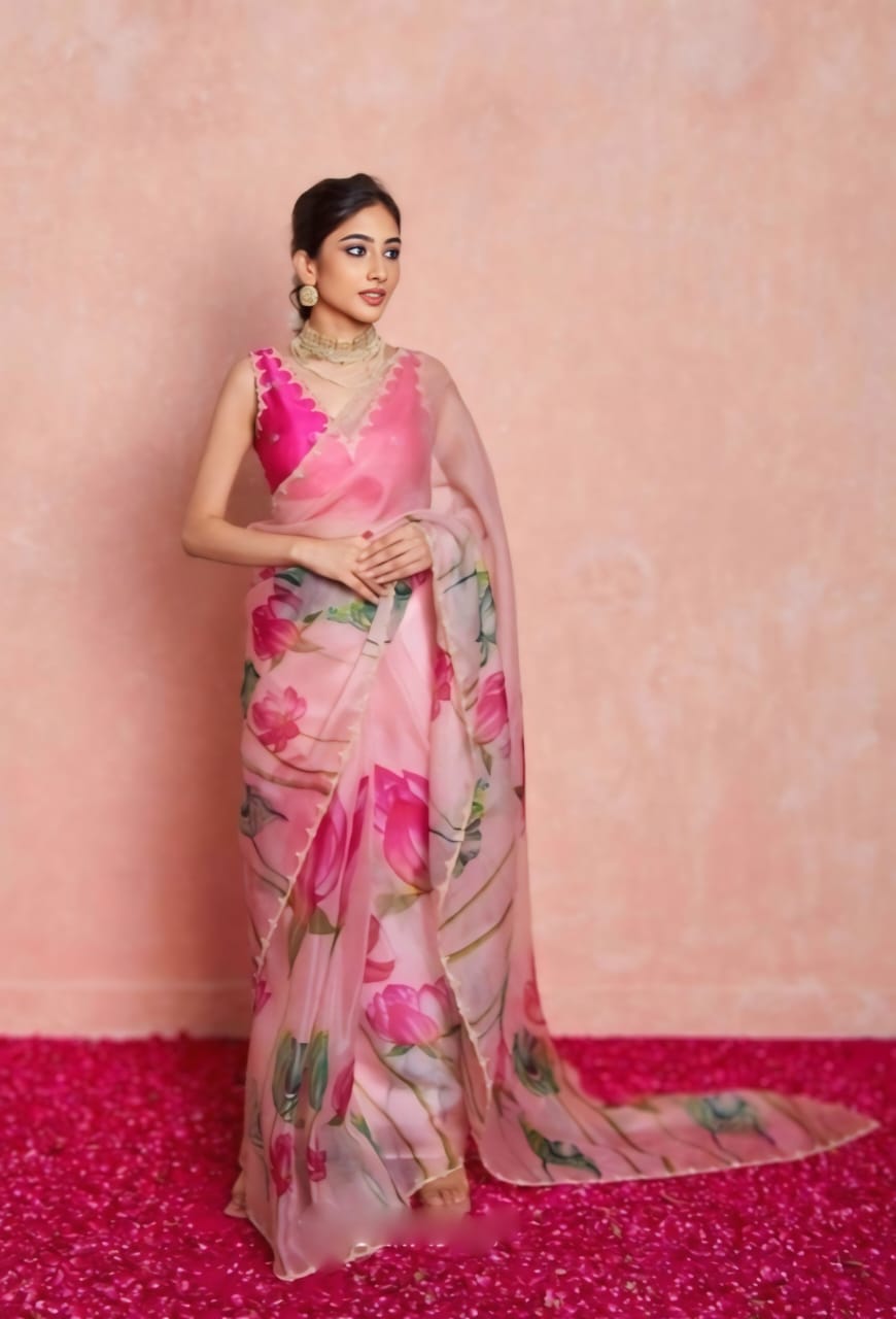 Ready To Wear Organza Silk Saree - Floral Printed