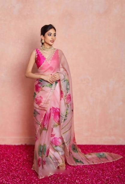 Ready To Wear Organza Silk Saree - Floral Printed