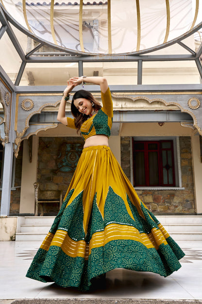 RangBhoomi Navratri 2026 Rayon Ajrakh Lehenga with Mirror Lace & Tassel Dupatta