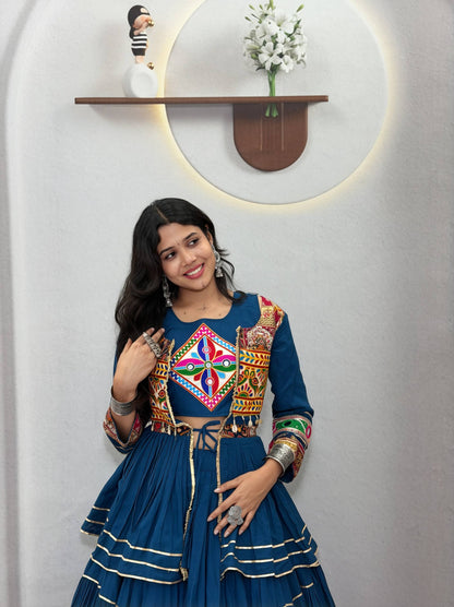 RangBhoomi Navratri Special Gamathi Work 9m Flair Pure Cotton Lehenga Choli - Fully Stitched