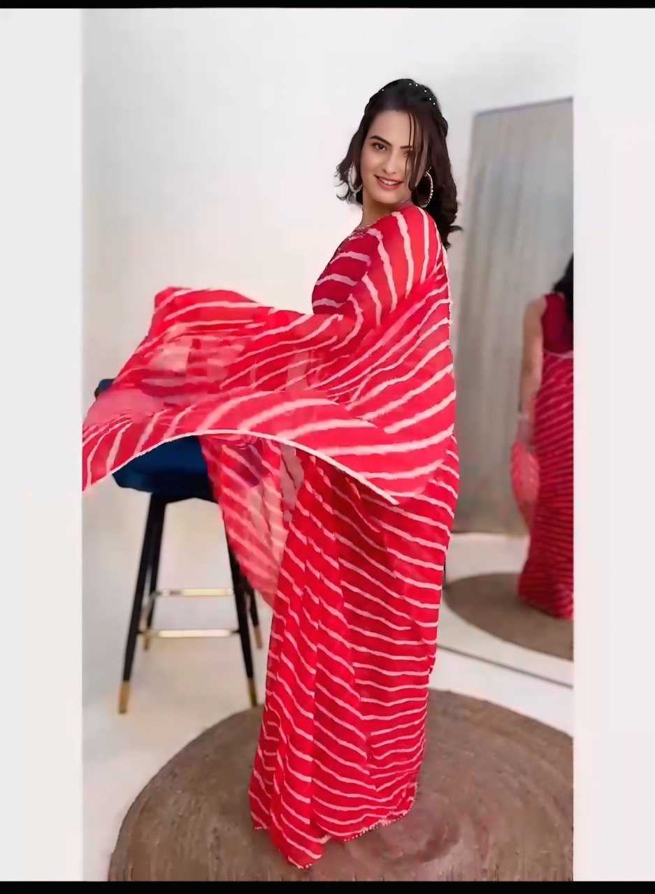 Ready to wear elegant red georgette saree with leheriya print, Indian fashion.