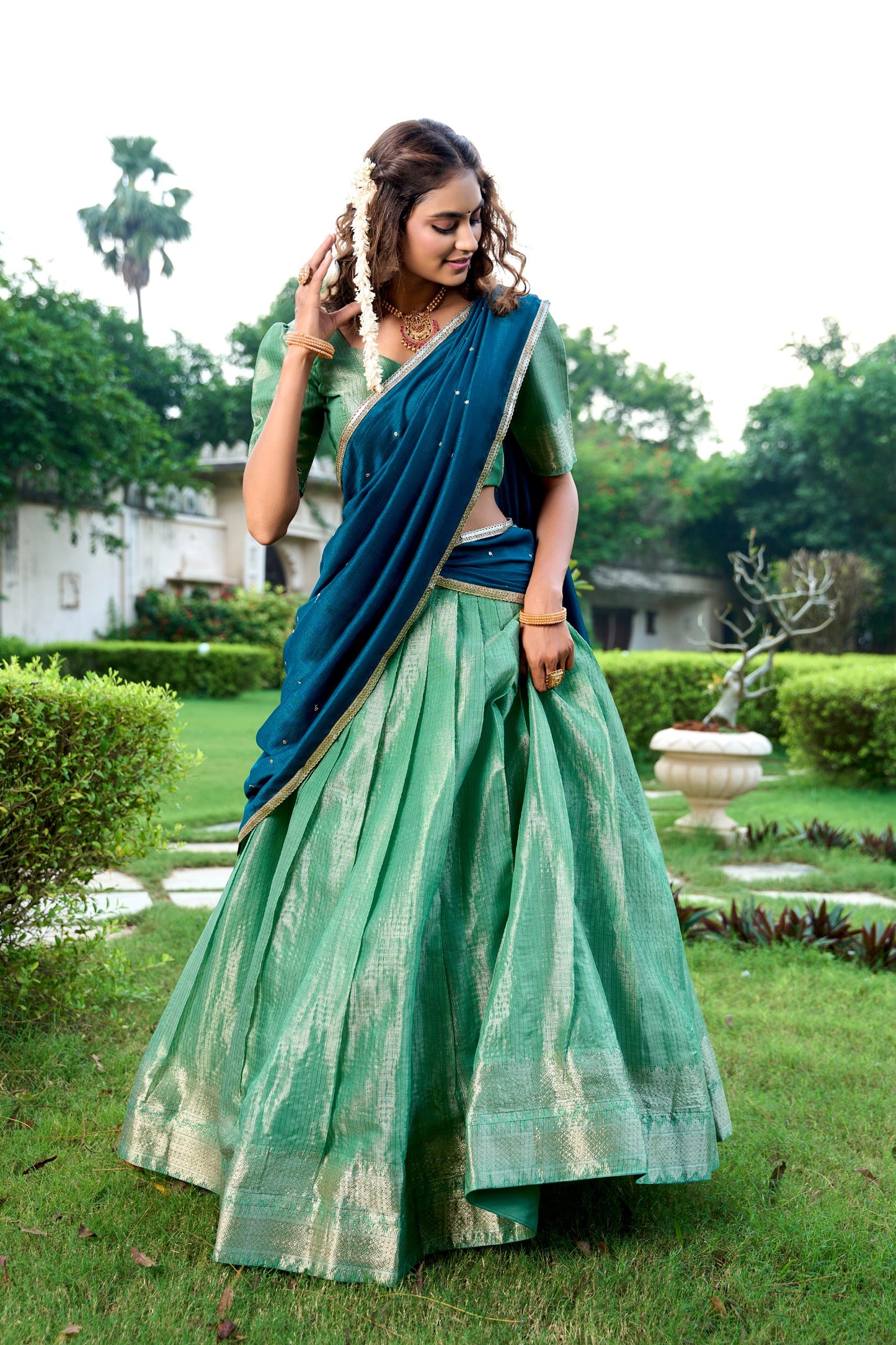 RangBhoomi Exclusive Kanchipuram Silk Lehenga Set with Zari Weaving and Embroidered Vichitra Silk Dupatta