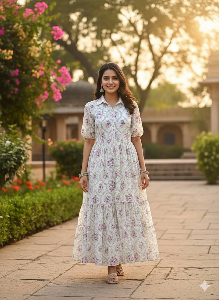 Elegant lavender floral maxi dress with short sleeves and collared neckline.