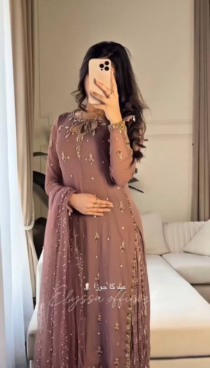 Elegant Combo Outfit Set for Adults and Kids with Embroidered Faux Georgette and Tissue Net Dupatta