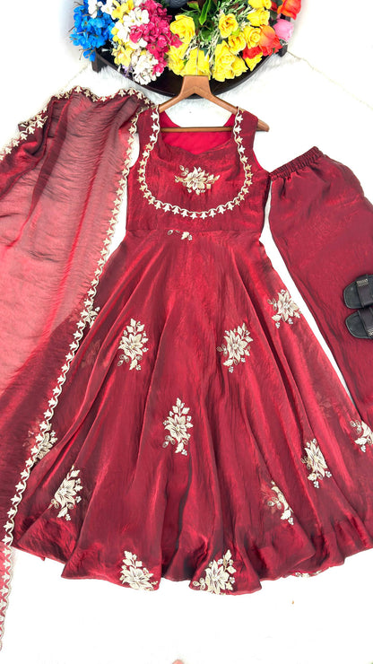 Elegant Party Wear Fendi Satin Gown Set with Dupatta and Pants Featuring 3mm Metallic Sequins and Intricate Zari Embroidery