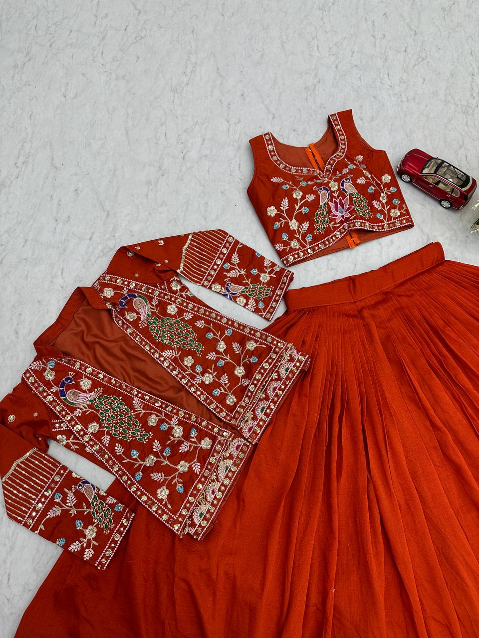Festival Special Vichitra Silk Crop Top Lehenga Jacket Set with Heavy Thread and Sequin Embroidery by RangBhoomi