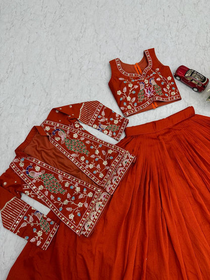 Festival Special Vichitra Silk Crop Top Lehenga Jacket Set with Heavy Thread and Sequin Embroidery by RangBhoomi