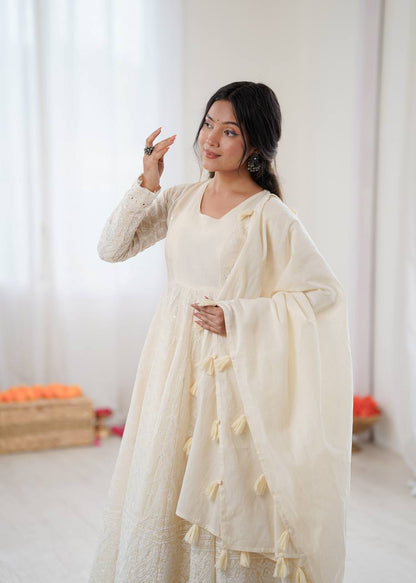 Elegant Anarkali Gown Set with Bottom and Dupatta – Pure Kora Cotton, Fully Stitched, Ready to Wear