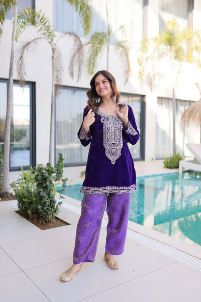 Ready-to-Wear Velvet Top and Pant Set with Embroidered Batwa from RangBhoomi Collection