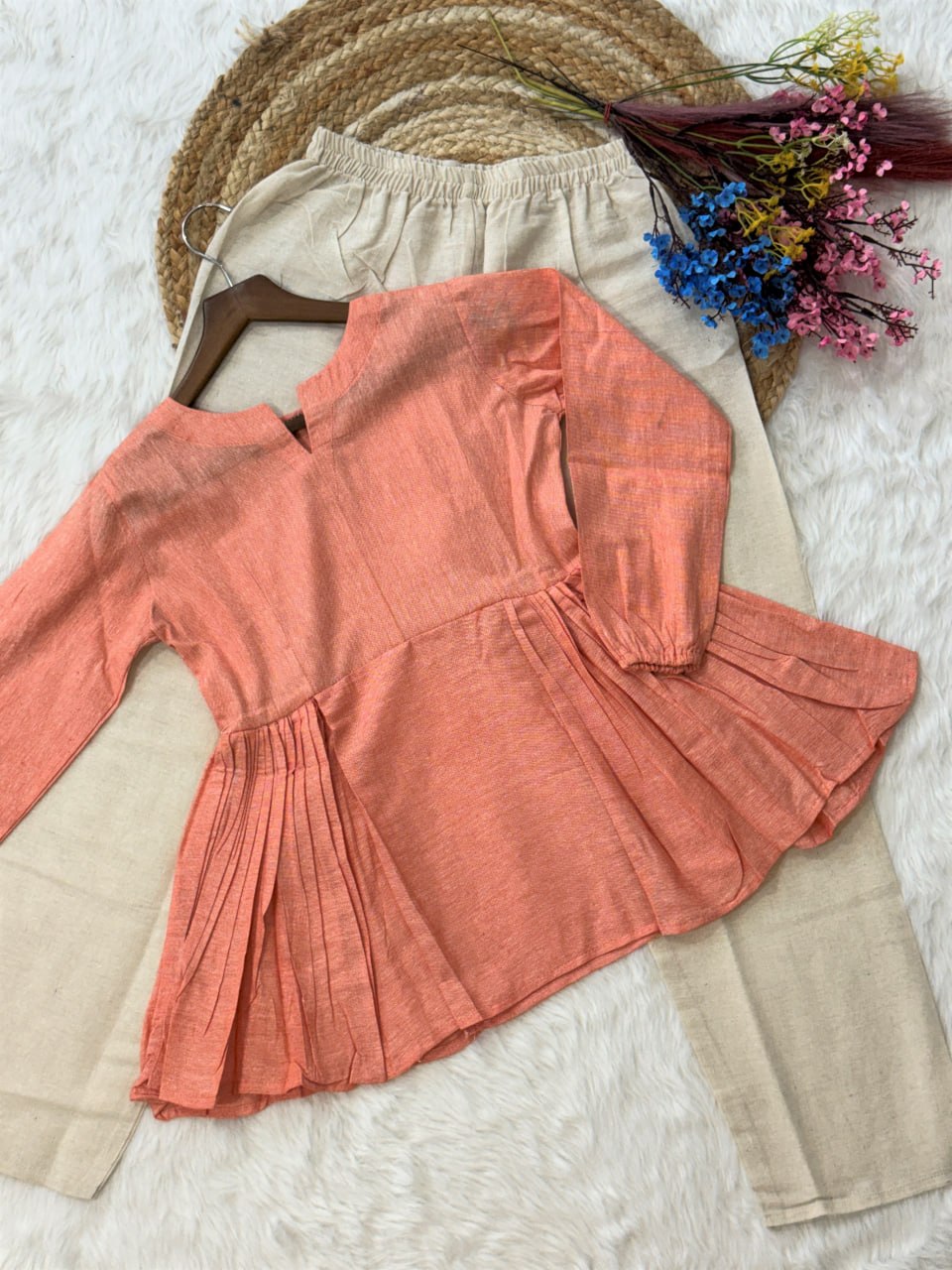 RangBhoomi Elegant Linen Cotton Top and Pant Set – Full-Sleeve Frill Stitch Top with Elastic Waist Pants in Parrot, Peach, and Yellow