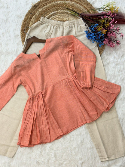 RangBhoomi Elegant Linen Cotton Top and Pant Set – Full-Sleeve Frill Stitch Top with Elastic Waist Pants in Parrot, Peach, and Yellow