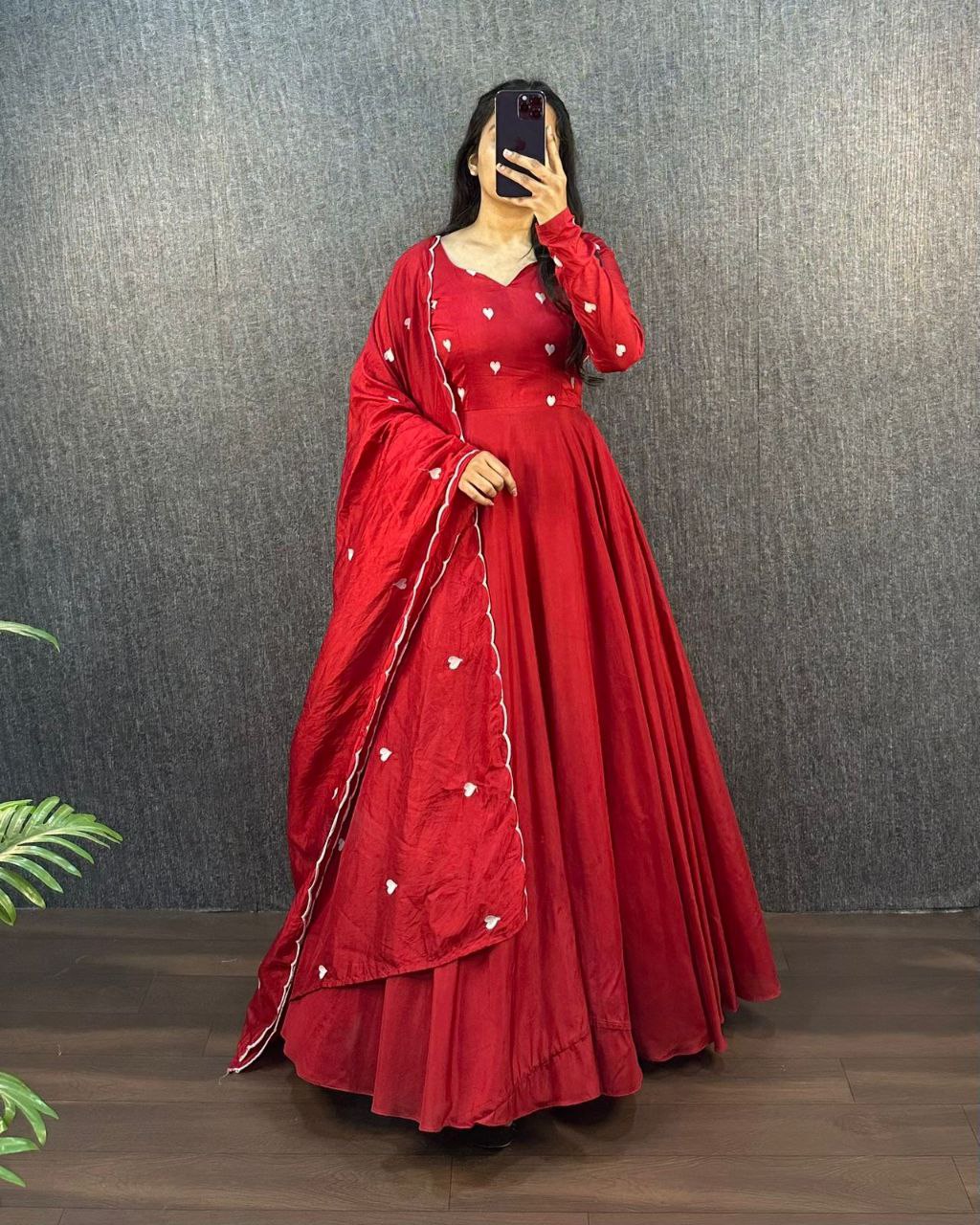 Full view of the red Ajrak Heart Gown with dupatta, showcasing the heart details.