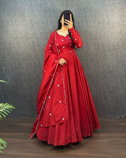 Full view of the red Ajrak Heart Gown with dupatta, showcasing the heart details.