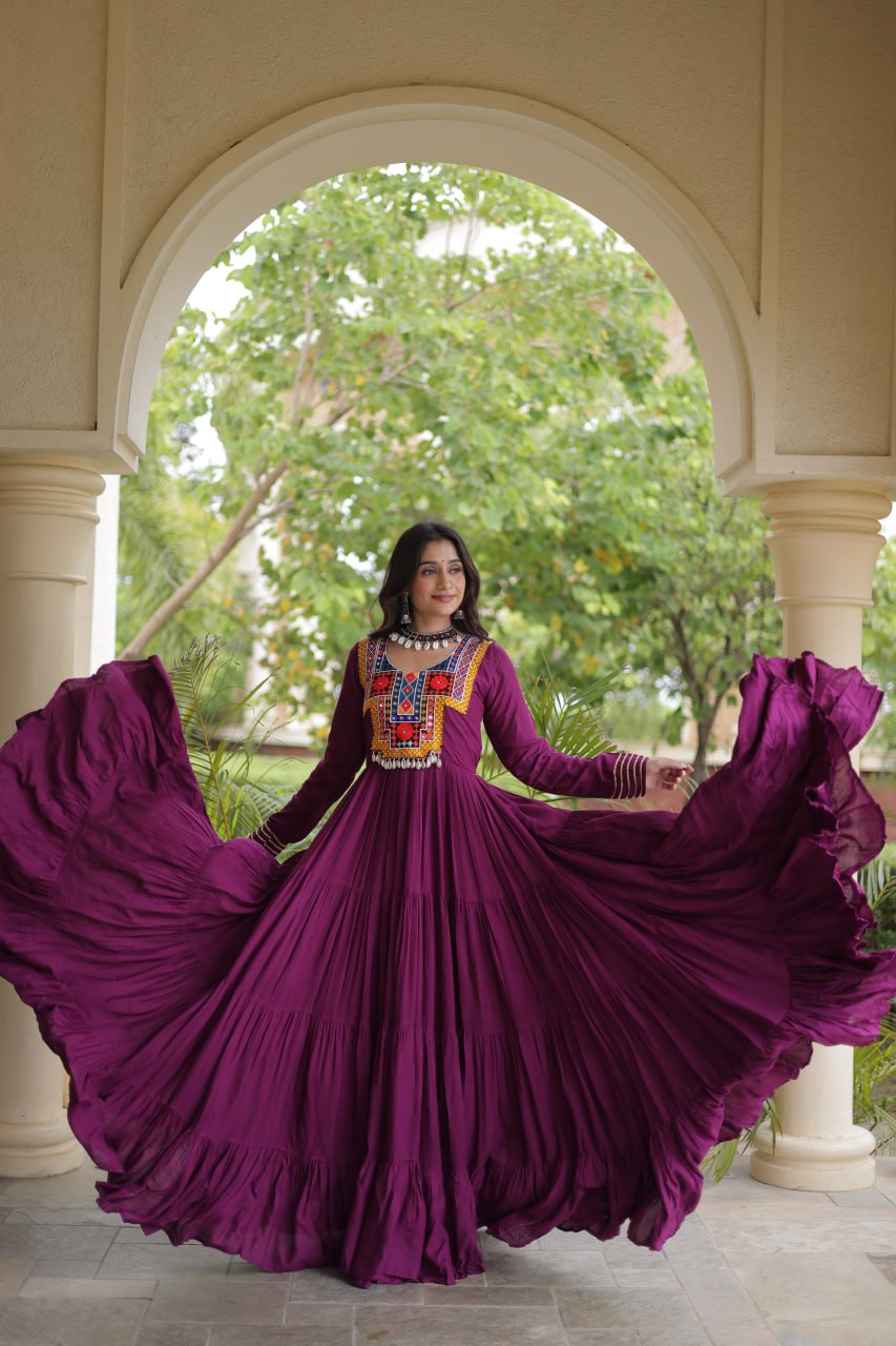 RangBhoomi Navratri Gown Collection 2026 — Wine, Rama & White Embroidered Mirror Work Gown