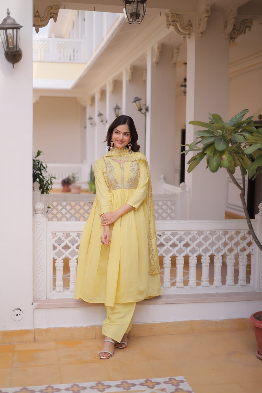 Premium Ready-to-Wear Mal Mal Chanderi Gown Set with Roman Silk Pants and Embroidered Dupatta