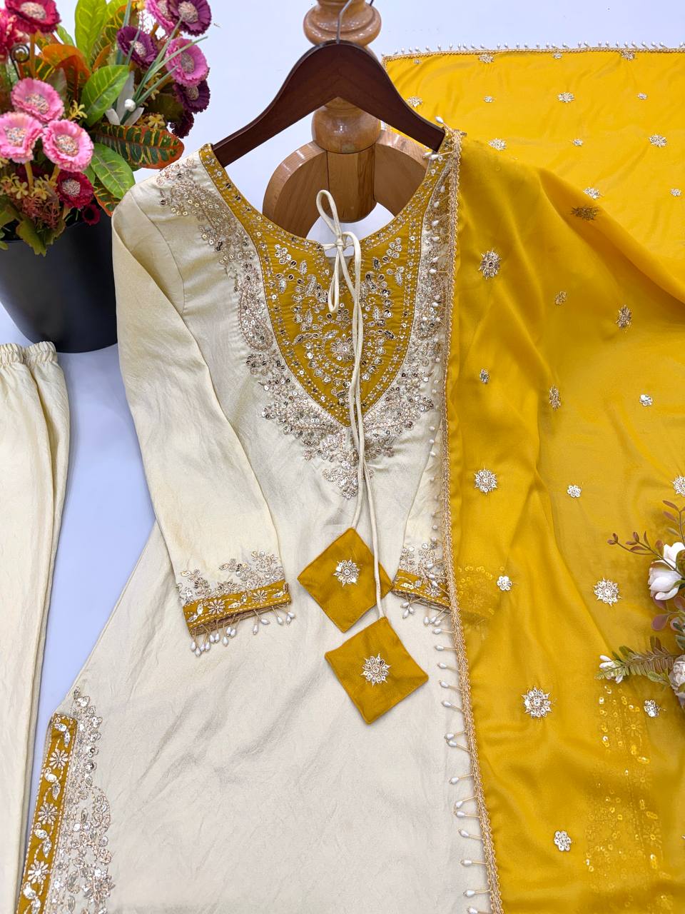 RangBhoomi Ronald Silk Sequin Embroidered Women's Ethnic Suit - Fully Stitched with Lace-Edged Dupatta