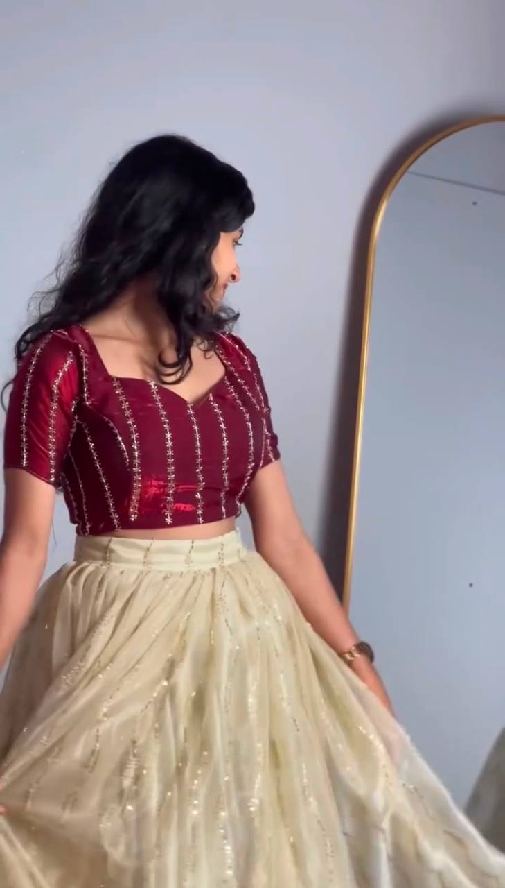 Fully Stitched Space Silk Lehenga Set with Sequins Embroidery — L/XL
