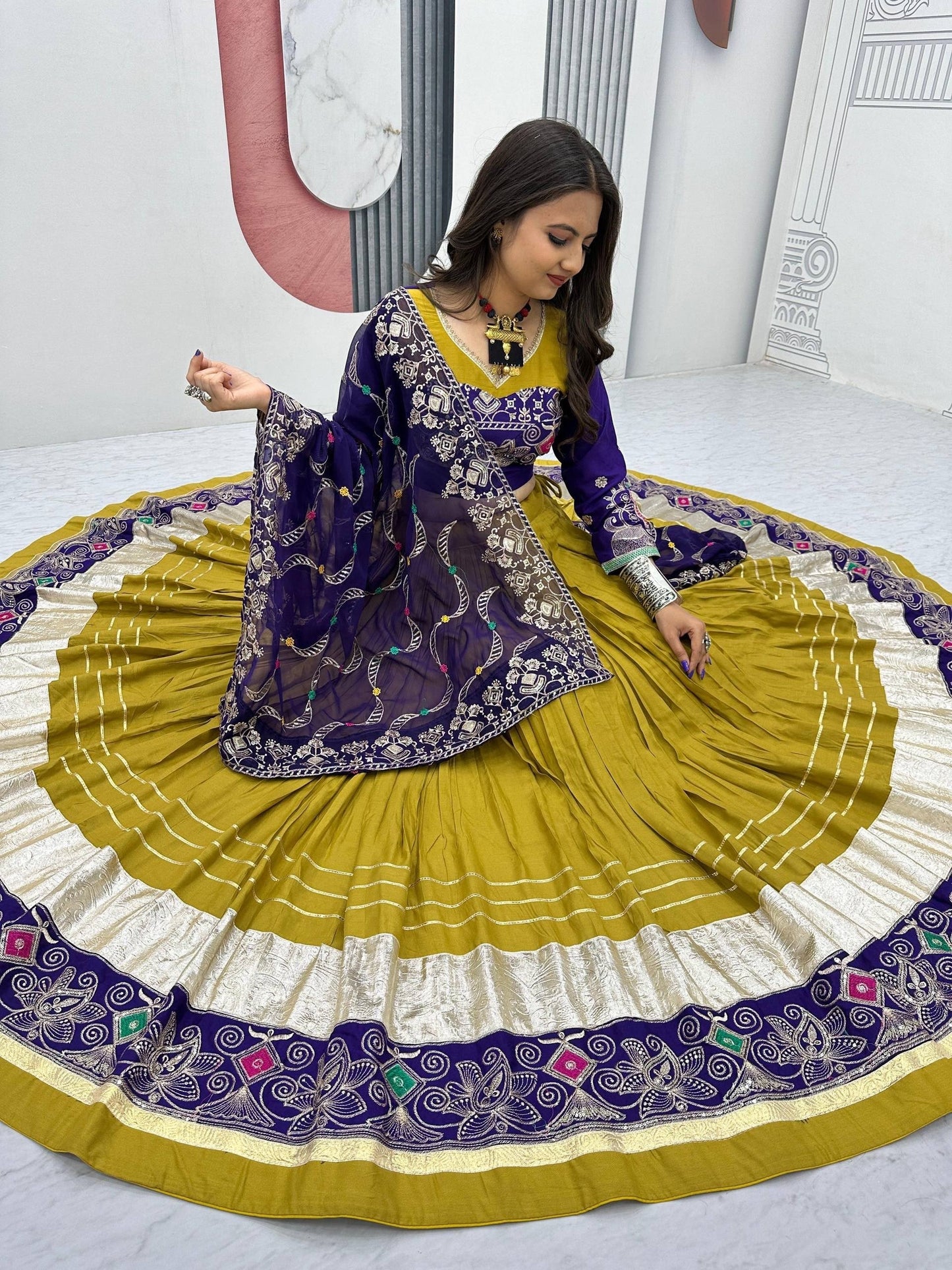 Tapi-252 Pure Cotton Navratri Lehenga Choli - Big Flair 6m, Heavy Embroidery by RangBhoomi