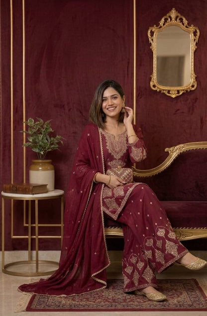 RangBhoomi Designer Wear Festival Exclusive Collection – Premium Embroidered Rangoli Crush Fabric Set with Palazzo and Lace Dupatta