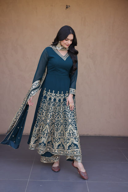 RangBhoomi Premium Readymade Gown with Pant & Dupatta Set - Embroidered Faux Blooming Festive Ensemble
