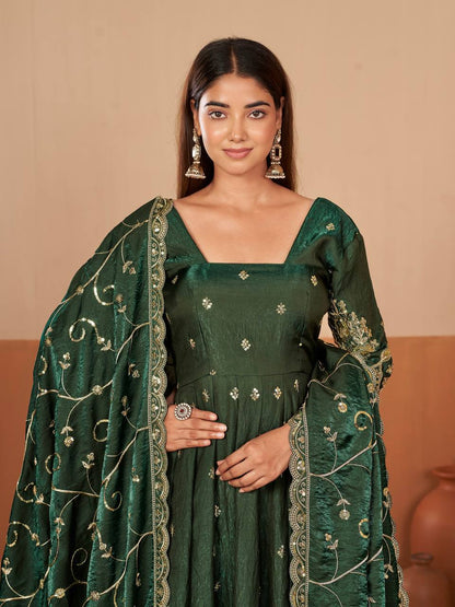 RangBhoomi Designer Party Wear Gown Set — 10 Colors, Heavy Jelly Shimmer Silk, Fully Stitched Embroidered Gown with Dupatta & Micro-Cotton Pant