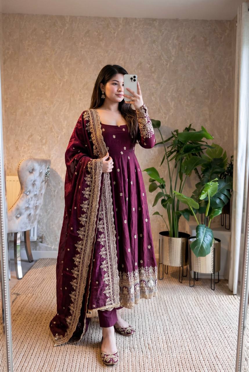 RangBhoomi Designer Embroidered Party Gown with Dupatta & Pant — Heavy Fandy Silk, 17 Colours