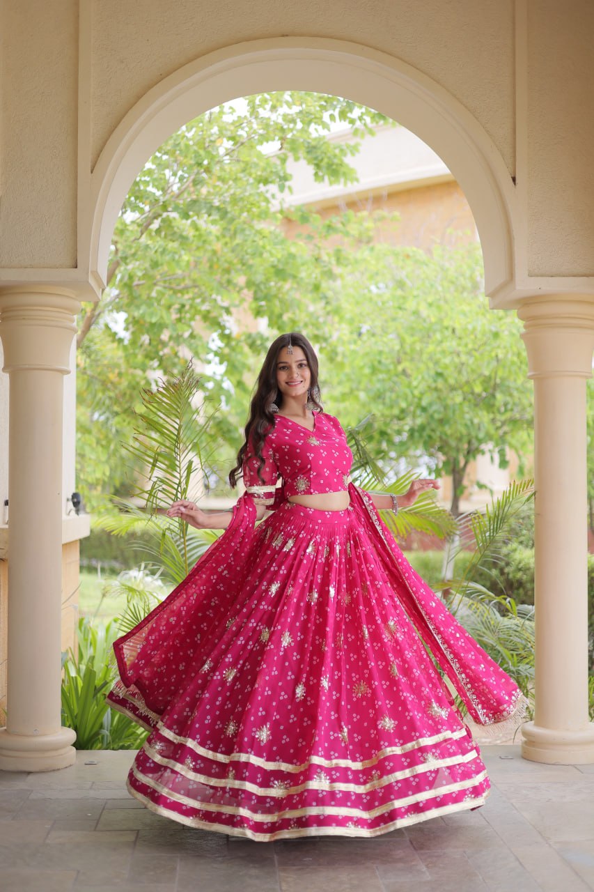 RangBhoomi Four-Color Faux Georgette Bandhej Lehenga Choli Set with Dupatta