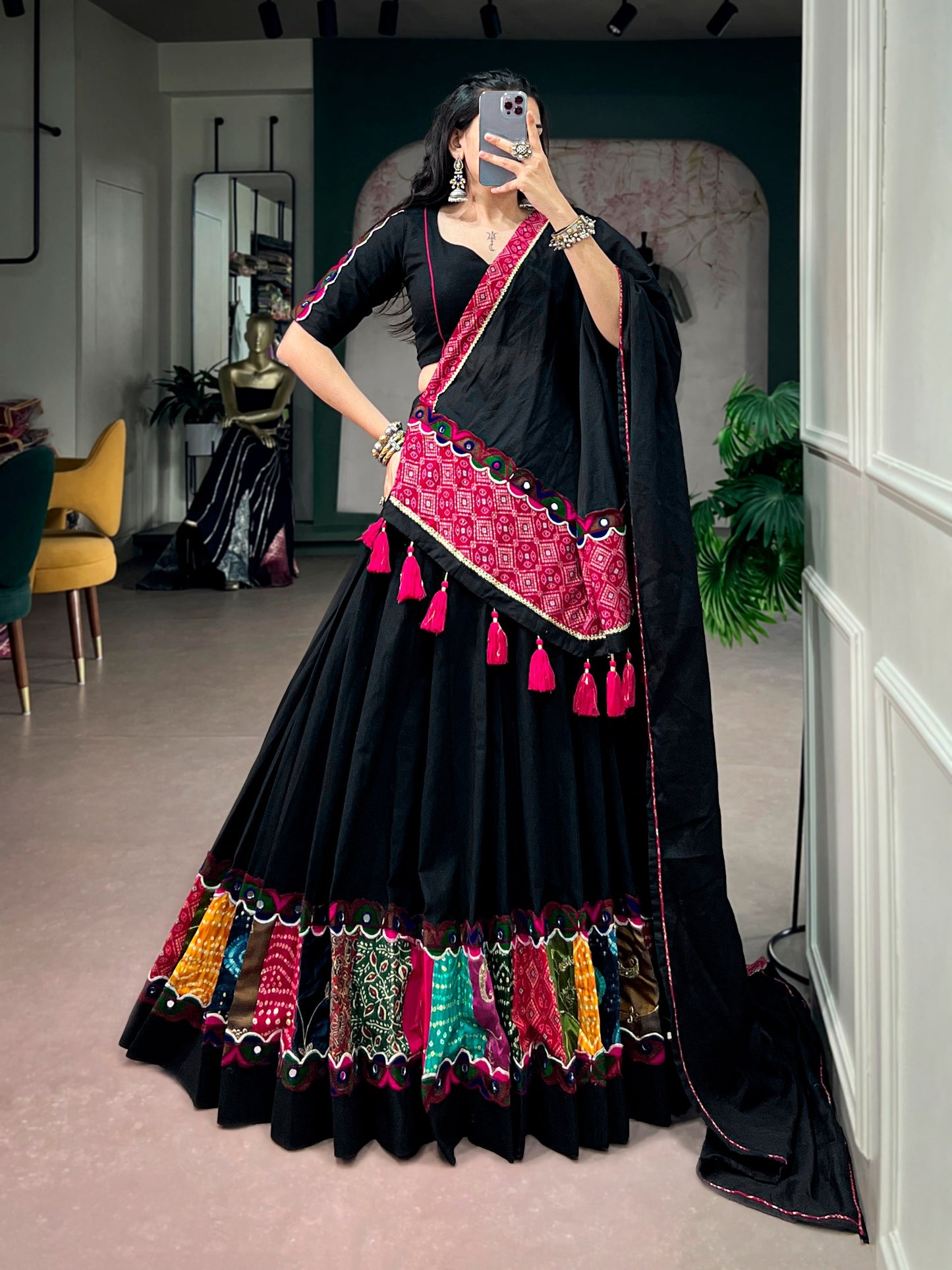 RangBhoomi Navratri Khadi Cotton Lehenga Set with Multicolor Patchwork & Bandhej Dupatta