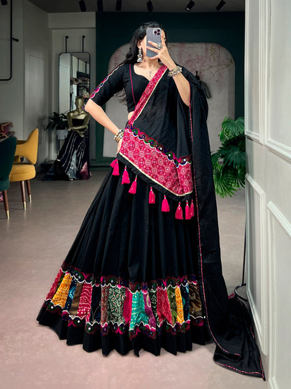 RangBhoomi Navratri Khadi Cotton Lehenga Set with Multicolor Patchwork & Bandhej Dupatta
