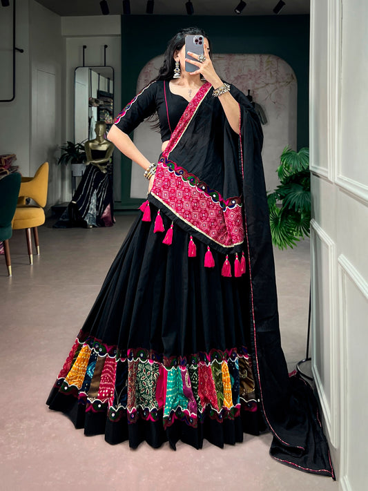 RangBhoomi Navratri Khadi Cotton Lehenga Set with Multicolor Patchwork & Bandhej Dupatta