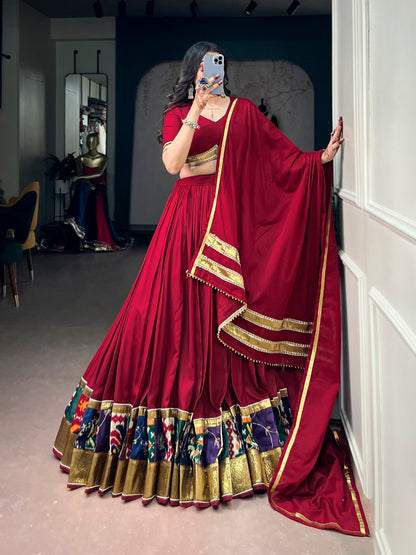 RangBhoomi Navratri Rayon Lehenga — Multicolour Printed Border with Embossed Lace