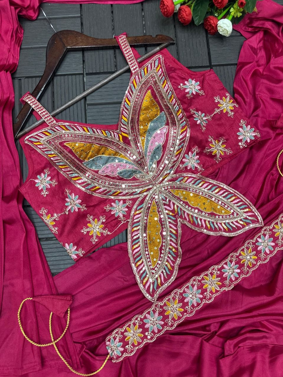 RangBhoomi Ready-to-Wear Saree with Elegant Embroidery and Sequined Blouse – Heavy Crepe Fabric