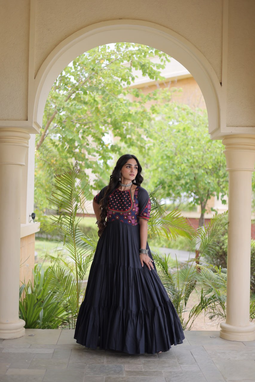 RangBhoomi Navratri Embroidered Kora Cotton Gown — 54" Festive Flair