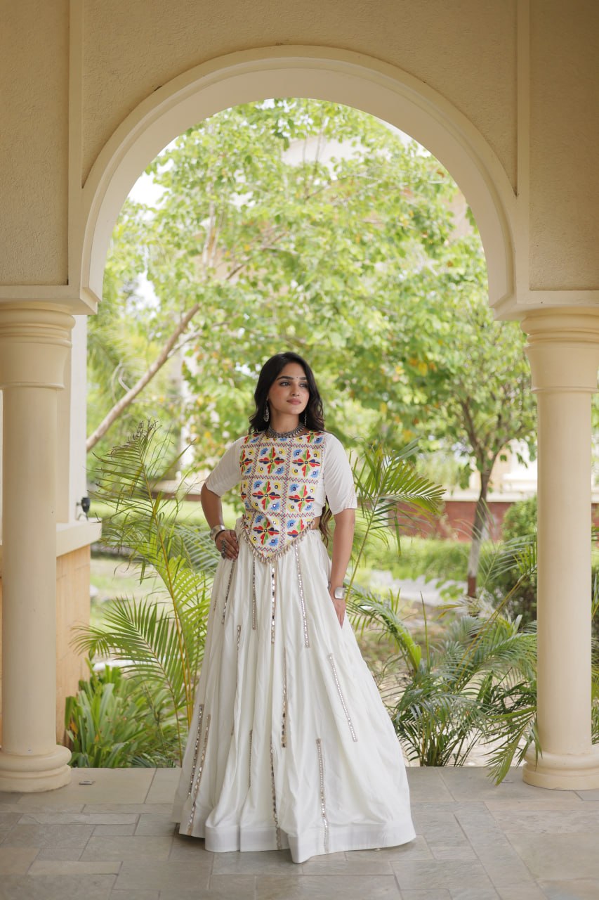 RangBhoomi Navratri Reflective Rayon Lehenga Set with Mirror & Gota Lace (Black, Maroon, White)