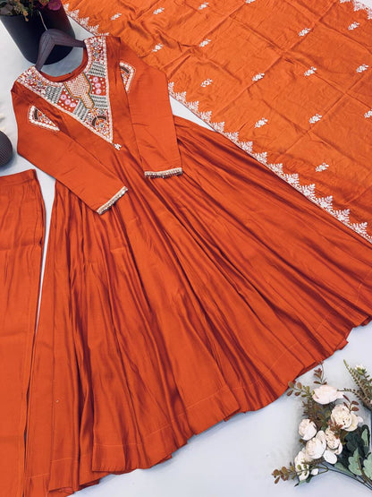 RangBhoomi Elegant Embroidered Sequence with Real Mirror Designer Anarkali Three Piece Set