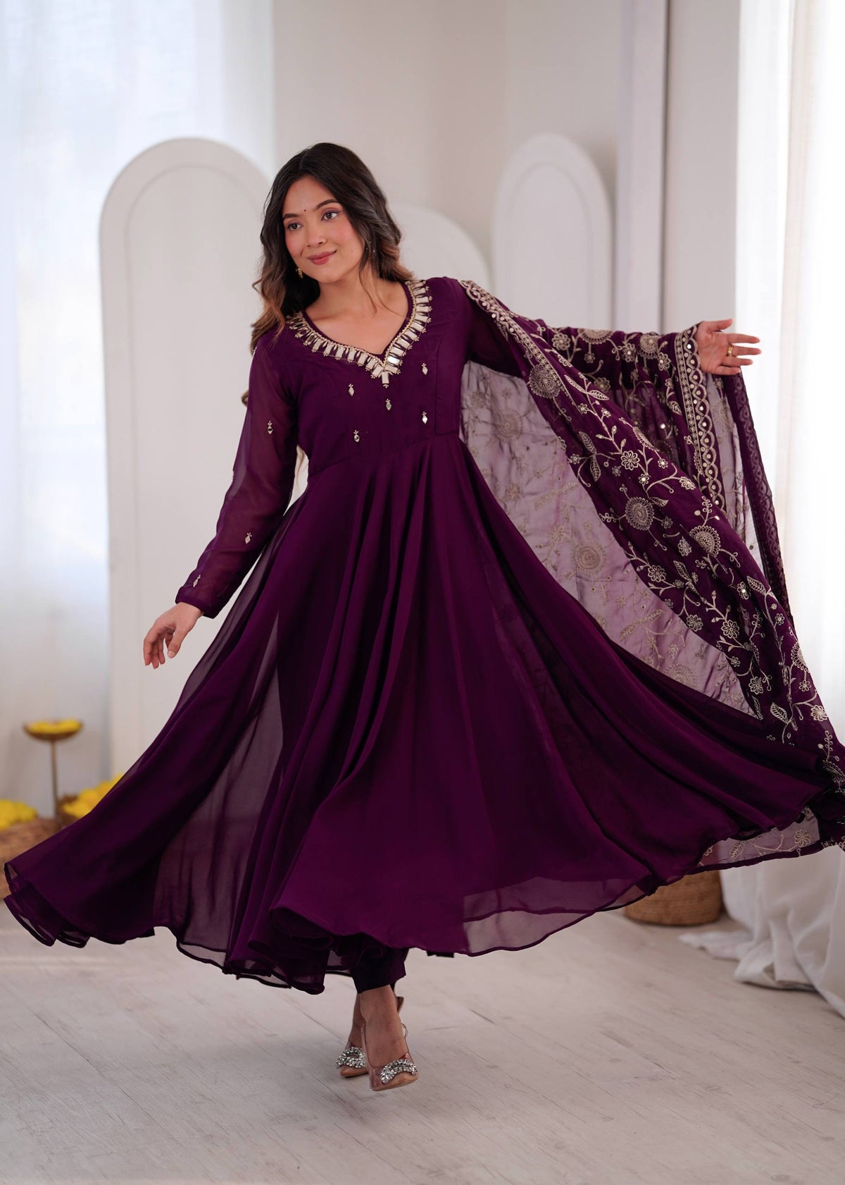 RangBhoomi Elegant Embroidered Mirror Anarkali Three-Piece Gown Set
