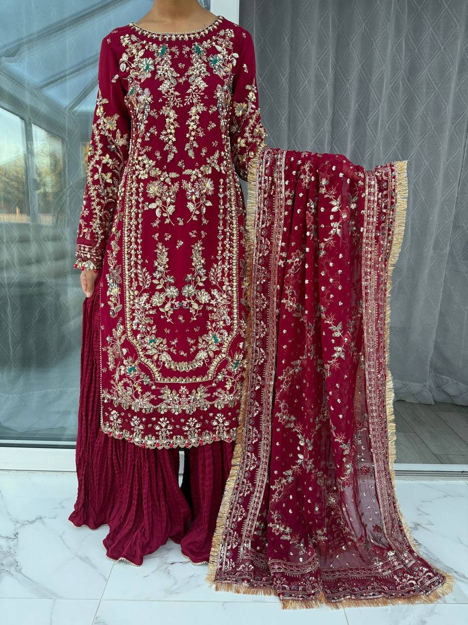Elegant Ready-to-Wear Designer Set in Faux Georgette with Intricate Heavy Embroidery and Sequins - Fully Stitched Top, Bottom, and Dupatta