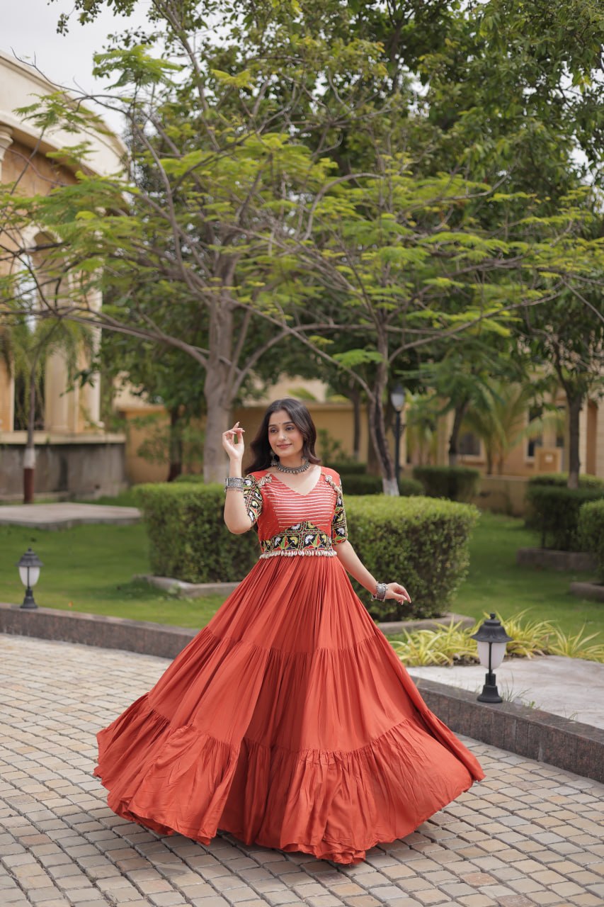 RangBhoomi Navratri Gown 2026 — Rust & Black Embroidered Multi-Tiered Festive Gown