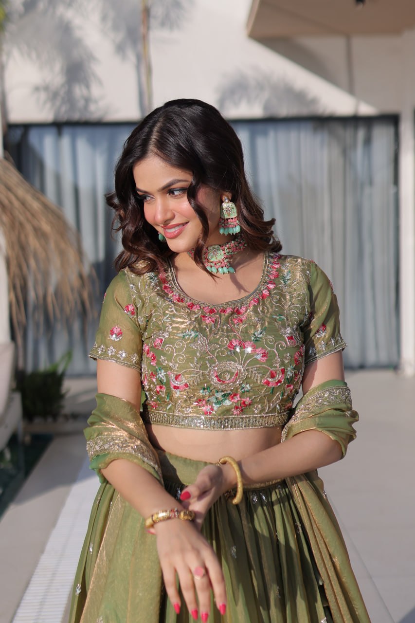 Elegant Lehenga Choli and Dupatta Ensemble in Fendi Silk with Multi-Thread Embroidery