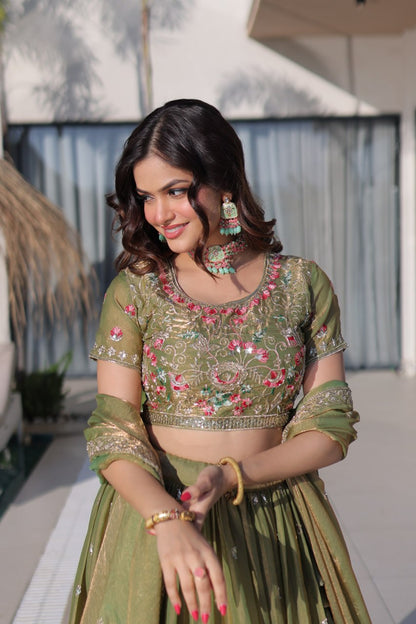 Elegant Lehenga Choli and Dupatta Ensemble in Fendi Silk with Multi-Thread Embroidery