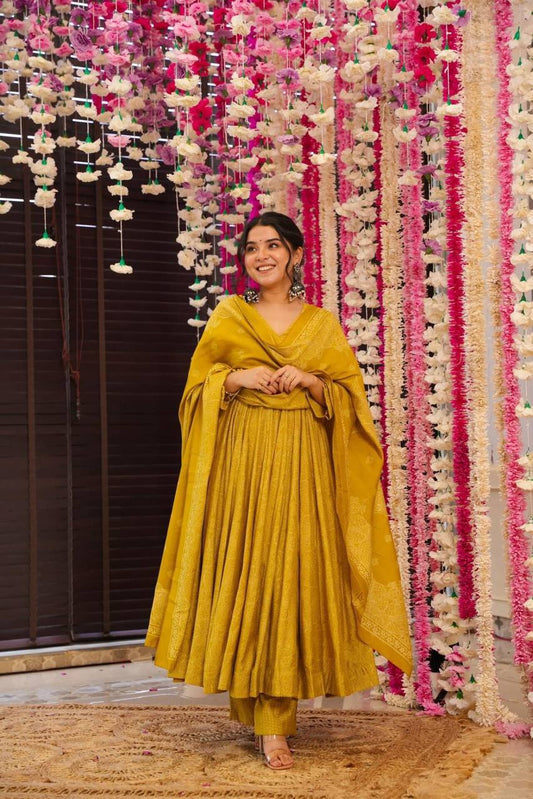 Stunning Golden Bandhani Anarkali Suit Set