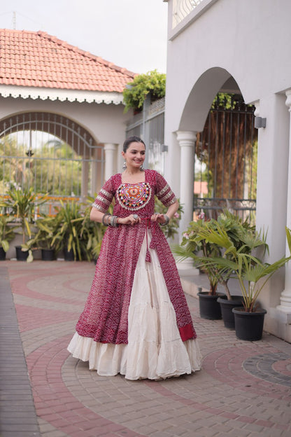 RangBhoomi Navratri 2026 Bandhani Lehenga Set — Full-Stitched Kora Cotton Lehenga with Faux Georgette Kurti