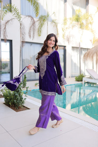 Ready-to-Wear Velvet Top and Pant Set with Embroidered Batwa from RangBhoomi Collection