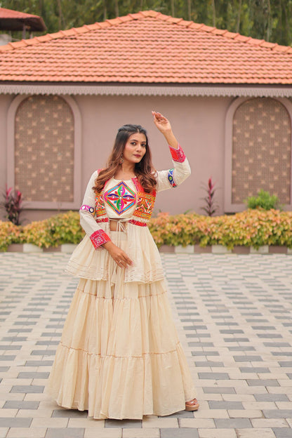 Navratri Special Gamthi Embroidery Lehenga Choli with Mirror and Ribbon Lace – Pure Cotton, Fully Stitched, 9 Meter Flair