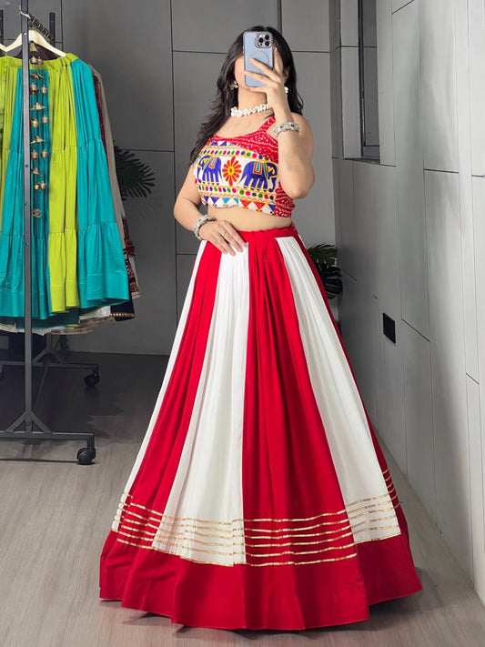 RangBhoomi Red & White Chaniya Choli Set — Festive Garba Lehenga (Pure Rayon Cotton, Fully Stitched)