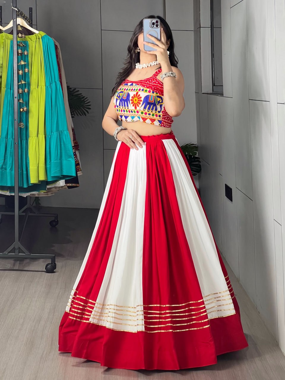 RangBhoomi Red & White Chaniya Choli Set — Festive Garba Lehenga (Pure Rayon Cotton, Fully Stitched)