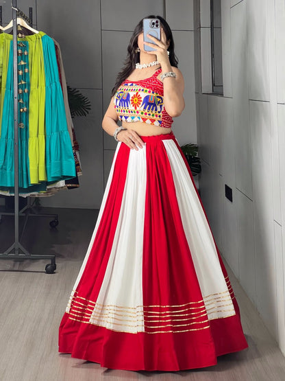 RangBhoomi Red & White Chaniya Choli Set — Festive Garba Lehenga (Pure Rayon Cotton, Fully Stitched)
